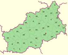 Administrative districts of Tver Oblast. The numbers denote the following districts: 1- Andreapolsky, 2 - Bezhetsky, 3 - Belsky, 4 - Bologovsky, 5 - Vesyegonsky, 6 - Vyshnevolotsky, 7 - Zharkovsky, 8 - Zapadnodvinsky, 9 - Zubtsovsky, 10 - Kalininsky, 11 - Kalyazinsky, 12 - Kashinsky, 13 - Kesovogorsky, 14 - Kimrsky, 15 - Konakovsky, 16 - Krasnokholmsky, 17 - Kuvshinovsky, 18 - Lesnoy, 19 - Likhoslavlsky, 20 - Maksatikhinsky, 21 - Molokovsky, 22 - Nelidovsky, 23 - Oleninsky, 24 - Ostashkovsky, 25 - Penovsky, 26 - Rameshkovsky, 27 - Rzhevsky, 28 - Sandovsky, 29 - Selizharovsky, 30 - Sonkovsky, 31 - Spirovsky, 32 - Staritsky, 33 - Torzhoksky, 34 - Toropetsky, 35 - Udomelsky, 36 - Firovsky. Tver-oblast-adm-delenie.svg