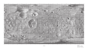 Top: The impact crater Stickney imaged by the Mars Reconnaissance Orbiter in March 2008. The second impact crater inside Stickney is Limtoc. Highly saturated, false color image. Bottom: Labeled Map of Phobos – Moon of Mars (U.S. Geological Survey).[30]