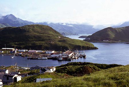 The East Channel separates Unalaska Island, with the fishing boats berthed, from Amaknak Island. On the right side is Iliukliuk Harbor, the South Channel and Captains Bay in the background. Unalaska 2.02.jpg