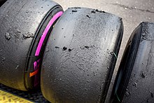 Pirelli ultrasoft slick tyres seen at the 2016 Austrian Grand Prix. The tyre wear is clearly visible. Used slick tyres Austrian GP 2016.jpg