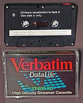 A streamer cassette for data storage, adapted from the audio Compact Cassette format Verbatim ST-600 XD Streamer Cassette.jpg
