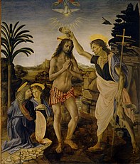 Battesimo di Cristo di Andrea del Verrocchio, Leonardo da Vinci e altri (1475-1478), Galleria degli Uffizi, Firenze