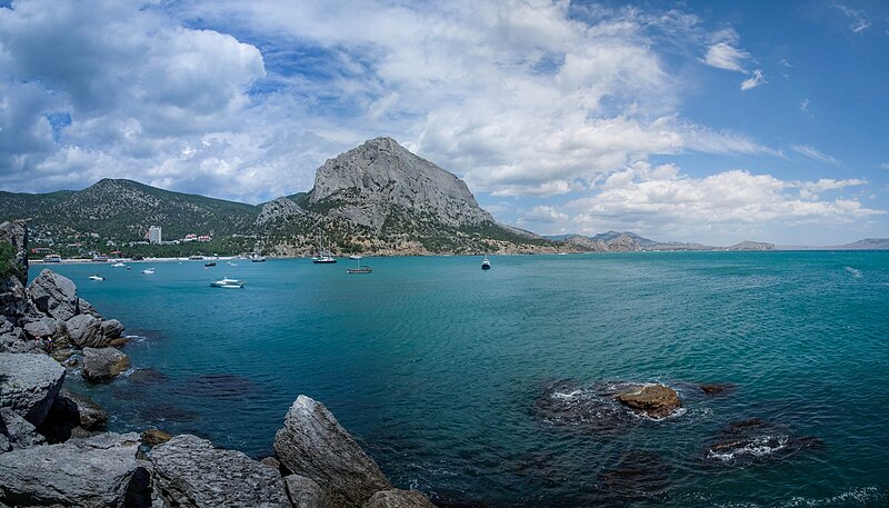 File:View of the Black sea coast in Crimea. Novy Svet is seen at left, and the Sokol Rock is at the center.jpg