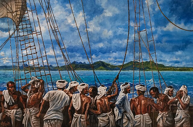 Artistic representation of the first Indian workers seeing the island of Mauritius from a ship in 1834