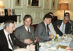 At the Western Goals Institute's El Salvador Dinner, London, 25 September 1989. L to R: Denis Walker, Lord Sudeley, El Salvador's Foreign Minister, Andrew Smith (yellow tie), Dr Harvey Ward WGI Dinner.jpg