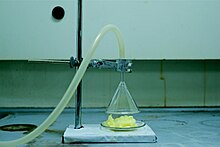 Drying crystal solids using a watch glass and passing a stream of dry air from an inverted funnel Watch glass and funnel.JPG