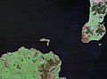 Landsatbilete frå NASA med falske fargar som viser Rathlin, kysten av Antrim og Kintyre.