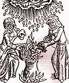Heksen stoppen ingrediënten in de ketel, houtsnede uit 1489
