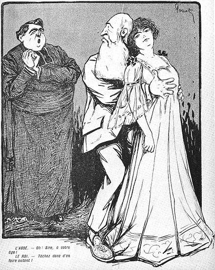 A political cartoon pillorying Leopold's affair with Caroline Lacroix.  The Abbot: Oh! Sire, at your age? The King: You should try it for yourself!