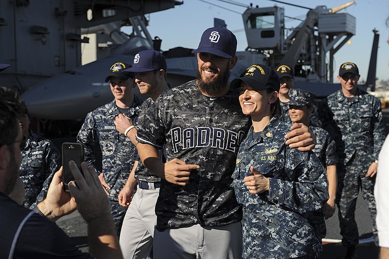 File:160211-N-ZF498-096 Lt. Cmdr. Lara Bollinger takes a photo with a member of the San Diego Padres Baseball team on the flight deck of the aircraft carrier USS Theodore Roosevelt (CVN 71).jpg
