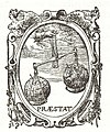1612 Titelpagina Beschryvinghe (cropped) - Book emblem - Hand from the sky holds balance with globes "Praestat".jpg