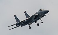 A US Air Force F-15C Eagle, tail number 83-0011, on final approach at Kadena Air Base in Okinawa, Japan. It is assigned to the 67th Fighter Squadron at Kadena AB.