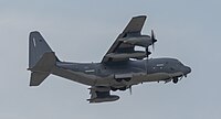 A US Air Force MC-130J Commando II, tail number 10-5714, on final approach at Kadena Air Base in Okinawa, Japan. It is assigned to the 1st Special Operations Squadron at Kadena AB.