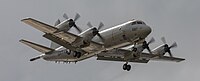 A US Navy P-3C Orion, tail 161587, on final approach at Kadena Air Base in Okinawa, Japan.