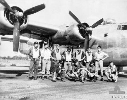 The crew of a No. 23 Squadron B-24 with their aircraft in June 1945 23 Sqn (AWM NWA0915).jpg