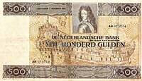 500 Guilders Note label QS:Len,"500 Guilders Note" label QS:Lnl,"Vijfhonderdguldenbiljet" . 1930.