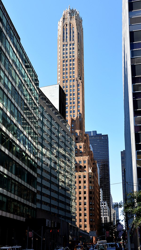 The General Electric Building's Art Deco facade seen from the west on 51st Street