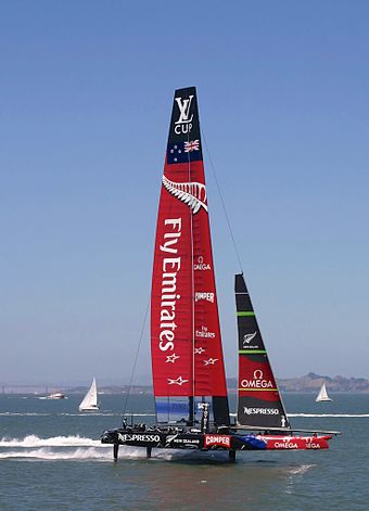 Emirates Team New Zealand's AC72 Aotearoa on foils in San Francisco Bay