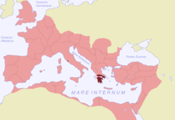 Карта на Римската империя, показваща границите ѝ през 117 г., отбелязана е провинция Ахея