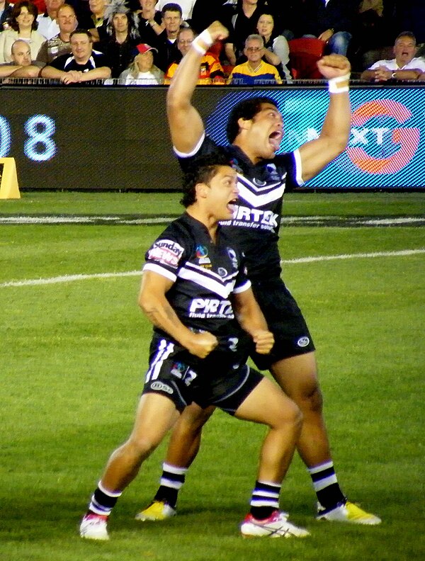 Isaac Luke and Adam Blair of the New Zealand national rugby league team performing "Ka Mate"