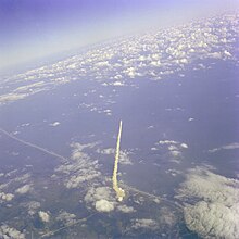 Aerial view of Columbia's launch from Pad 39A at the Kennedy Space Center in Florida. Aerial View of Columbia Launch - GPN-2000-001358.jpg