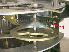 A spiral torsion spring, or hairspring, in an alarm clock. Alarm Clock Balance Wheel.jpg