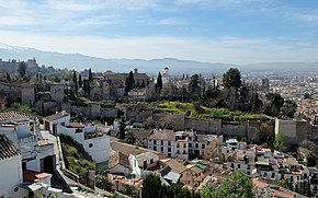 View towards the 11th-century Zirid walls of the Albaicin, with the bastion of the Puerta Monaita on the far right