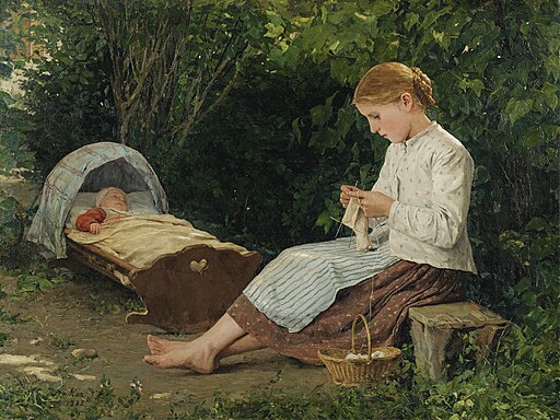 Albert Anker - Strickendes Mädchen, Kleinkind in der Wiege hütend