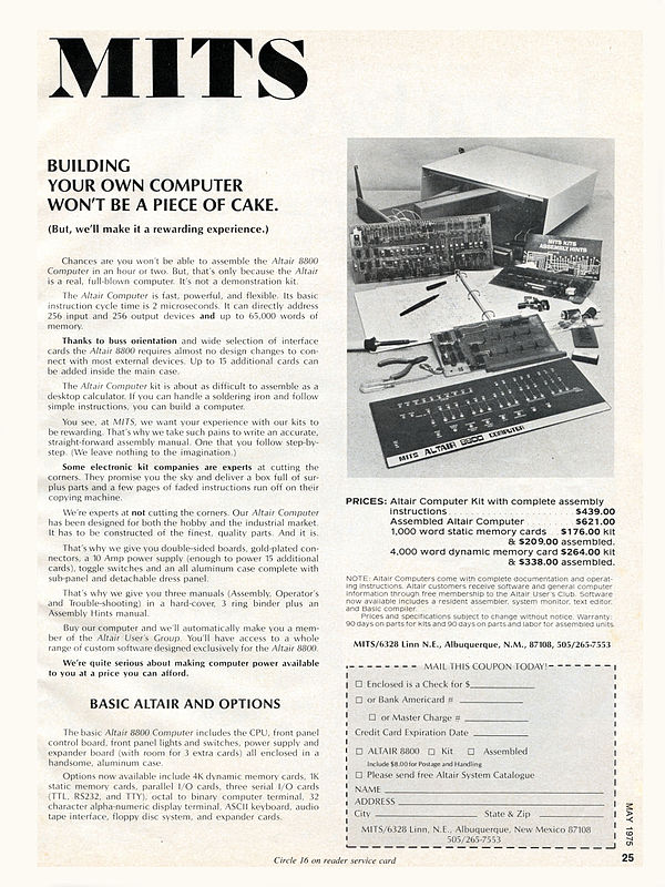 May 1975 advertisement for the Altair 8800 computer kit