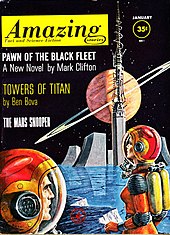 Bova's novella The Towers of Titan was the cover story in the January 1962 issue of Amazing Stories, illustrated by Ed Emshwiller.