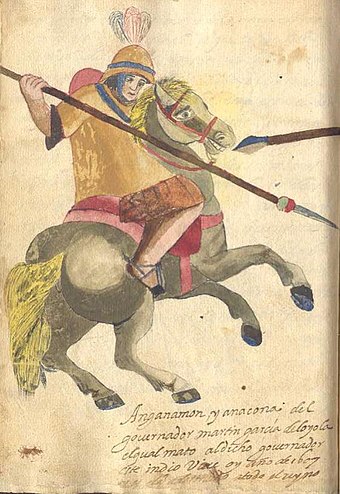 Anganamón a key Mapuche leader in the Destruction of the Seven Cities. Image from the book Relación del viaje de Fray Diego de Ocaña por el Nuevo Mundo (1599-1605).