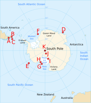 Positions of Farthest South records from 1521 to 1911 Antarctica Farthest Souths.svg