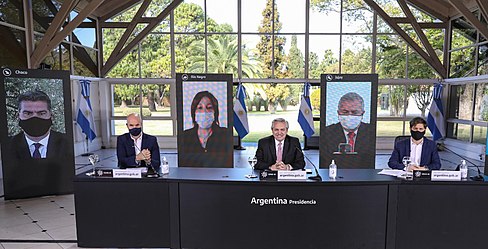 Press conference addressing the lockdown given by (from left to right) Governor Jorge Capitanich (Chaco), Mayor Horacio Rodriguez Larreta (City of Buenos Aires), Governor Arabela Carreras (Rio Negro), President Fernandez and Governors Gerardo Morales (Jujuy) and Axel Kicillof (Province of Buenos Aires). Argentina - Pte Fernandez - Coronavirus -17JUL2020-jpg.jpg