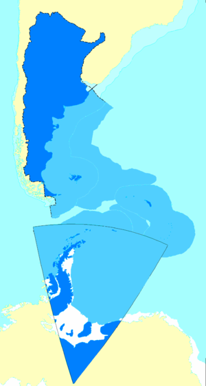 Mapa de Argentina que incluye las reclamaciones territoriales sobre las islas Malvinas, islas Georgias del Sur y Sandwich del Sur y la Antártida Argentina.