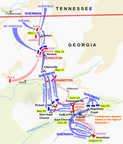 The 45th played a primarily support role in the movements of Sherman's army, including actions at Dallas, Resaca, and Kennesaw Mountain.
Further information: Atlanta Campaign and Atlanta Campaign Union order of battle Atlanta campaign.svg