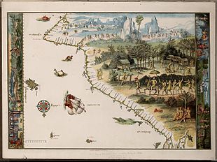 Jave la Grande's east coast: from Nicholas Vallard atlas, 1547. This is part of an 1856 copy of one of the Dieppe Maps. Copy held by the National Library of Australia. Australia first map.jpg