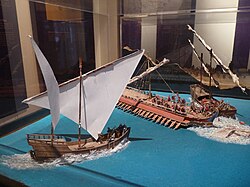 Reconstruction of a naval battle depicting a ship of the Roman fleet Bait Al Baranda Museum-Naval battle.JPG