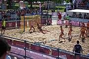 Deutsch: Beachhandball bei den Olympischen Jugendspielen 2018; Tag 3, 10. Oktober 2018; Mädchen, Vorrunde, Gruppe B - Niederlande-Argentinien 2:0 English: Beach handball at the 2018 Summer Youth Olympics at 10 October 2018 – Girls Preliminary Round Group B‎ – Netherlands-Argentina 2:0