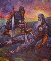 Wiglaf is the single warrior to return and witness the death of the hero. Illustration by J. R. Skelton, 1908 Beowulf death.png
