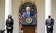President Biden announces new executive measures on gun control with Vice President Kamala Harris and Attorney General Merrick Garland in the White House Rose Garden, April 8, 2021 Biden delivers remarks on gun control measures.jpg