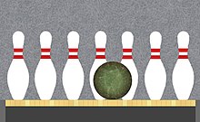 A row of bowling pins. On their turn, a player may choose to eliminate a single pin, or two adjacent ones. Bowling ball and pins for strike - front view.jpg