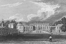 Bramham Park from Jones's Views of the Seats of Noblemen and Gentlemen (1829). A carriage ramp on the entrance facade conveys visitors to the principal entrance on the piano nobile. BranhamParkJonesViews1829.jpg