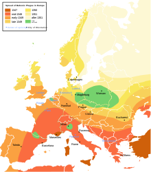 Spread of the Bubonic Plague Through Time in Europe (2nd Pandemic) Bubonic plague-uk.svg