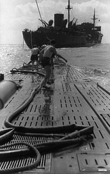 U-107 meets a supply ship in the South Atlantic Bundesarchiv Bild 101II-MW-4284-30A, Sudatlantik, U-107 mit Versorgungsschiff.jpg