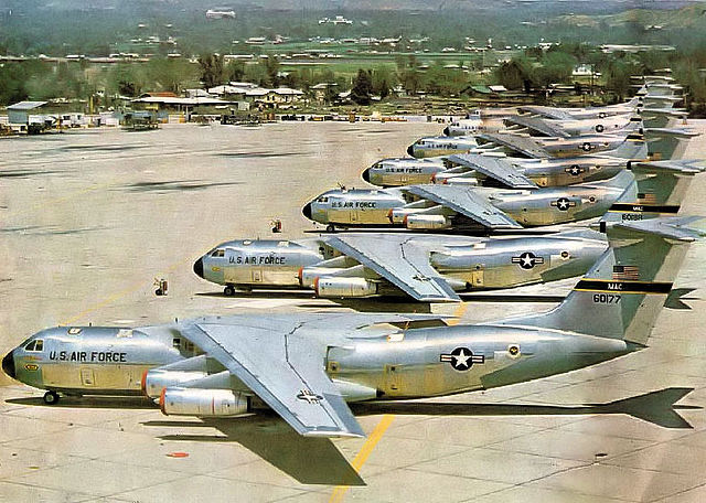 Brand-new 63d MAW C-141As on the ramp at Norton AFB, 1967. AF Ser. No. 66-0177 is in foreground. This aircraft will become the famous "Hanoi Taxi" whi