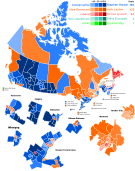 Results by riding. Shading refers to strength of popular vote.