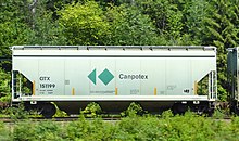 The majority of Canpotex potash is shipped to west coast terminals via CPR lines, in dedicated covered hopper railway cars Canpotex train in BC.JPG