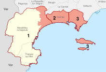 Localisation des trois cantons de Cannes : canton de Mandelieu-Cannes-Ouest (1), canton de Cannes-Centre (2) et canton de Cannes-Est (3).