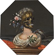 Vanitas con busto di dama con corona di fiori su mensola del camino (1688), di Catarina Ykens II, collezione privata