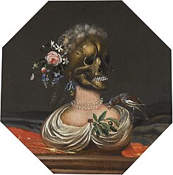 Vanitas bust of a lady with a crown of flowers on a ledge Catarina Ykens II - Vanitas bust of a lady with a crown of flowers on a ledge.jpg